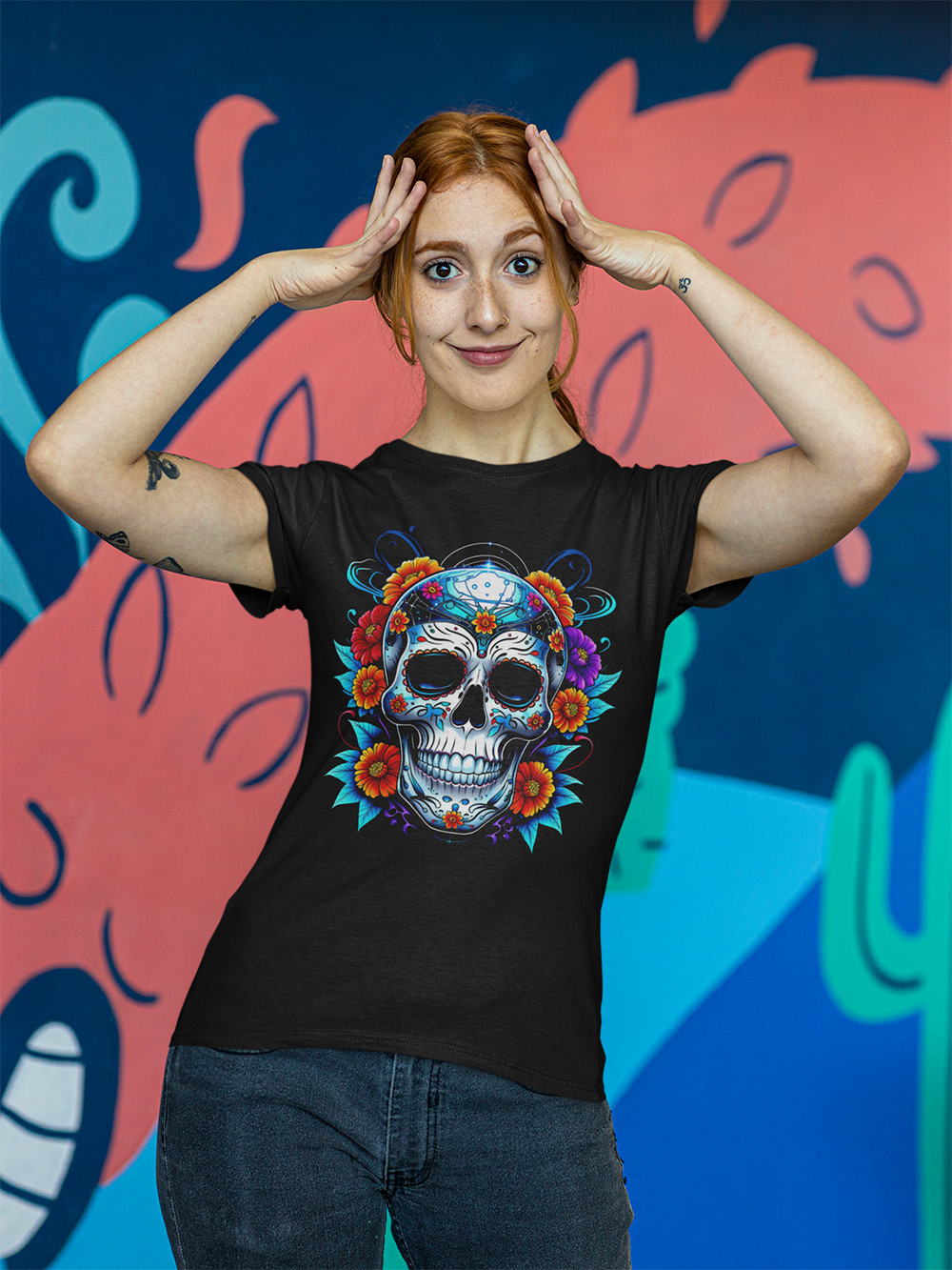 tee shirt for tattoed girl of dia de los muertos sugar skull t-shirt on a cotten t-shirt sm